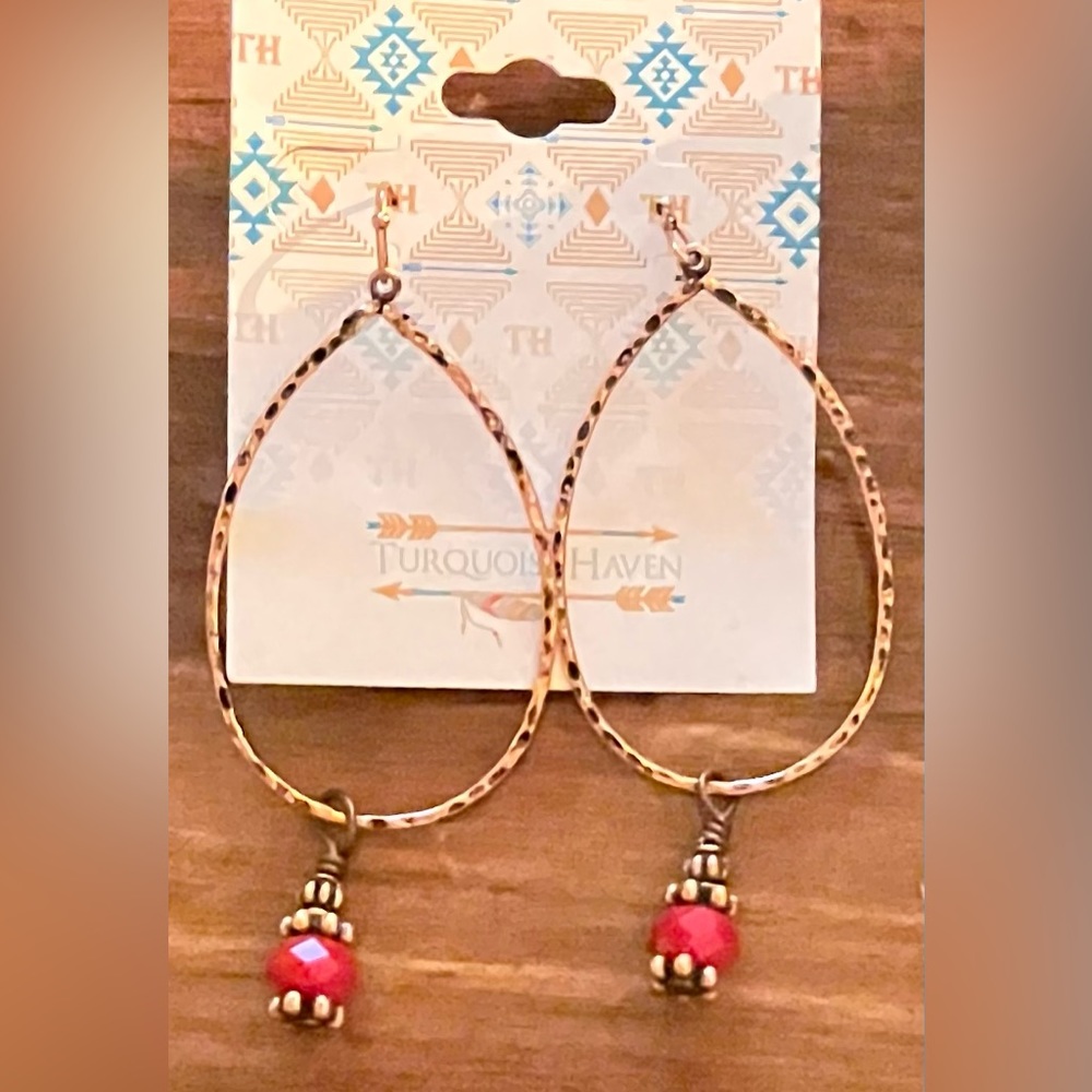 New tarnished gold hoops with red stone earrings